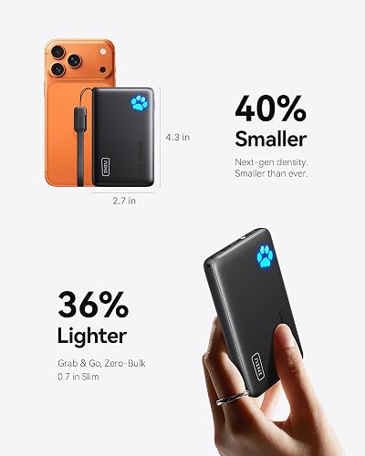 INIU Cargador portátil, Ultra Delgado de 45W de Carga rápida con Cable USB C Adjunto, batería de Banco de Potencia PD de 10000mAh Segura para vuelos, Cargador de teléfono Esencial para Viajes para