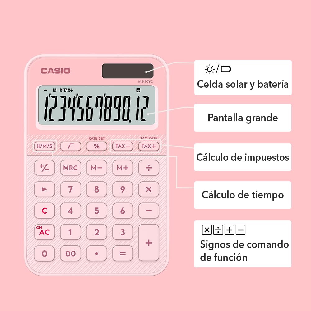 Casio Calculadora de Escritorio MS-20YC-LP, 12 Dígitos, Color Rosa, Pantalla Extra Grande, Pila y Solar