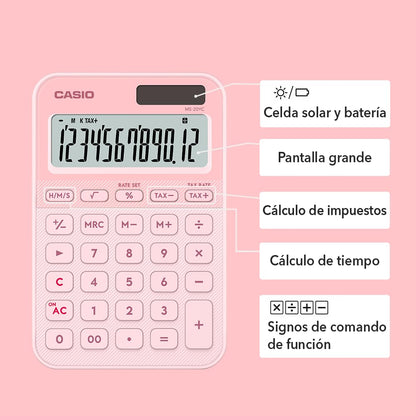 Casio Calculadora de Escritorio MS-20YC-LP, 12 Dígitos, Color Rosa, Pantalla Extra Grande, Pila y Solar
