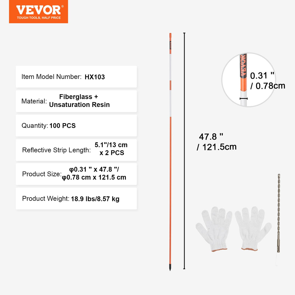 VEVOR Marcadores de Entrada 100 PCS Estacas de Nieve Naranja Fibra de Vidrio 0,78x121,5 cm Instalación de Tira Reflectante de Alta Visibilidad Broca de Acero 30 cm Protectores para Estacionamientos