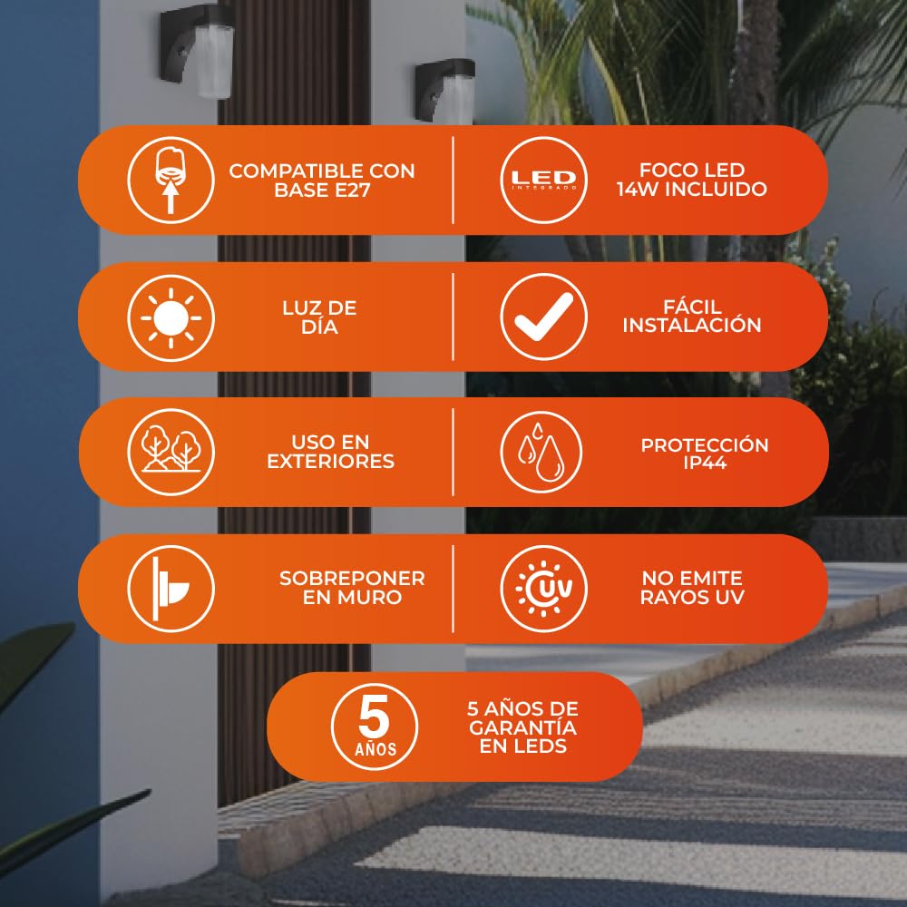 Tecnolite - Lámpara de exterior LED para sobreponer, 14 W, Luz de Día, Base E27