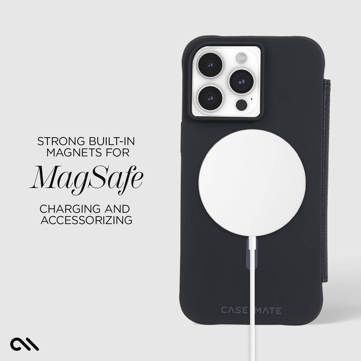 Case-Mate - Funda tipo portafolios para iPhone 15 Pro Max, color negro [protección contra caídas de 12 pies] [compatible con MagSafe] Funda magnética con tapa tipo folio hecha con piel guijarro auténtico, soporte de paisaje, efectivo y tarjetero