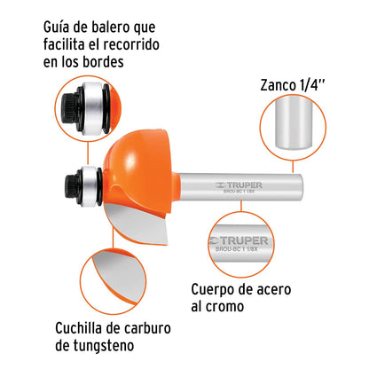 Truper BROU-BC1-1/8X, Broca cuarto bocel con balero