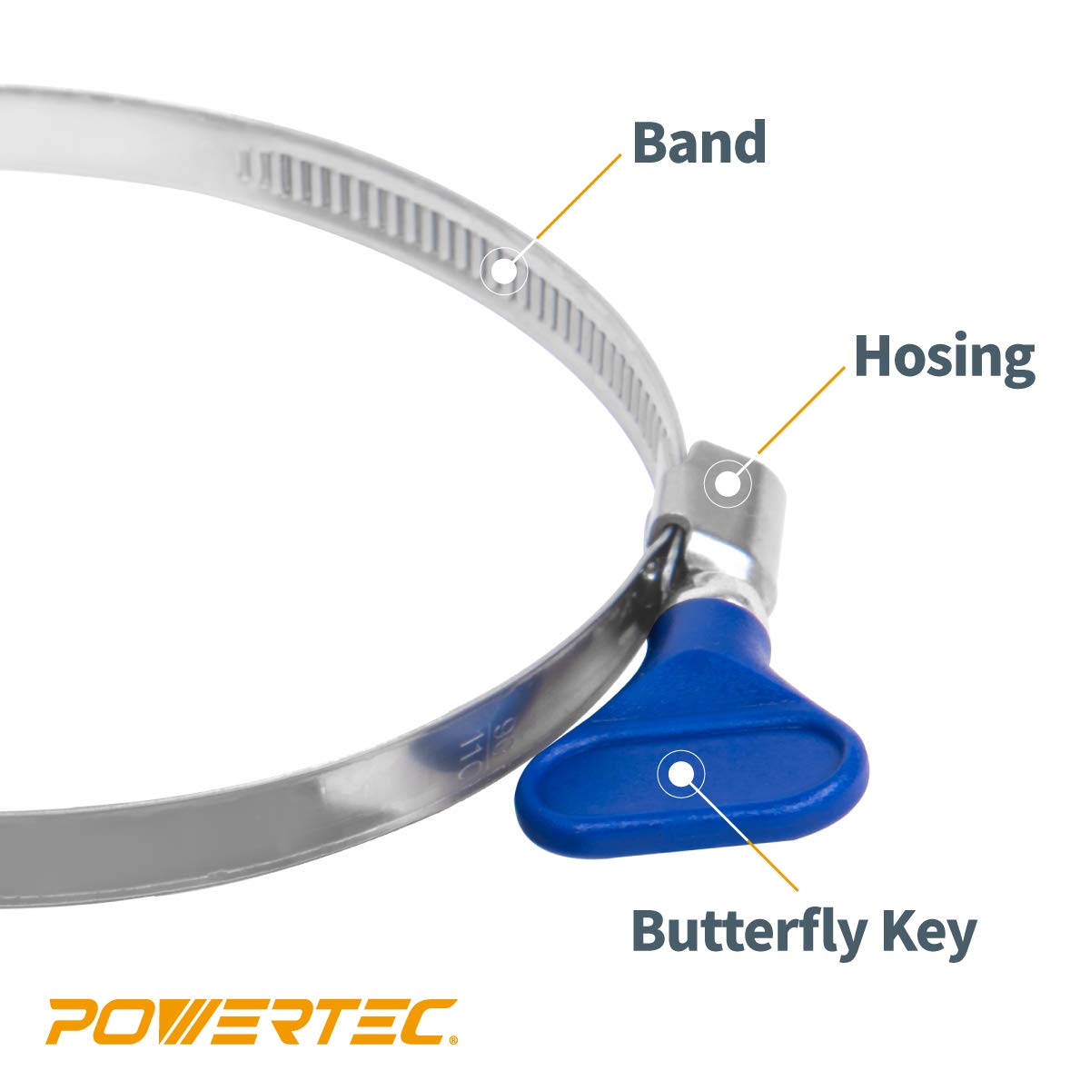 POWERTEC 70260 Abrazadera de manguera para llave de 4 pulgadas, llave de tornillo de pulgar ajustable de acero inoxidable para colectores de polvo y ventilación de secadora, paquete de 10