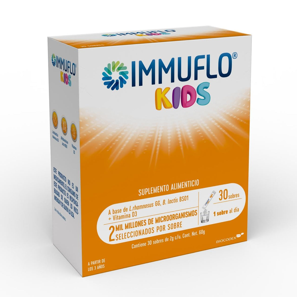 IMMU-FLO® KIDS Suplemento Alimenticio a base de L. rhamnosus GG, B. lactis BS01 + Vitamina D3 regulador del sistema inmune y ayuda a previenir alergias