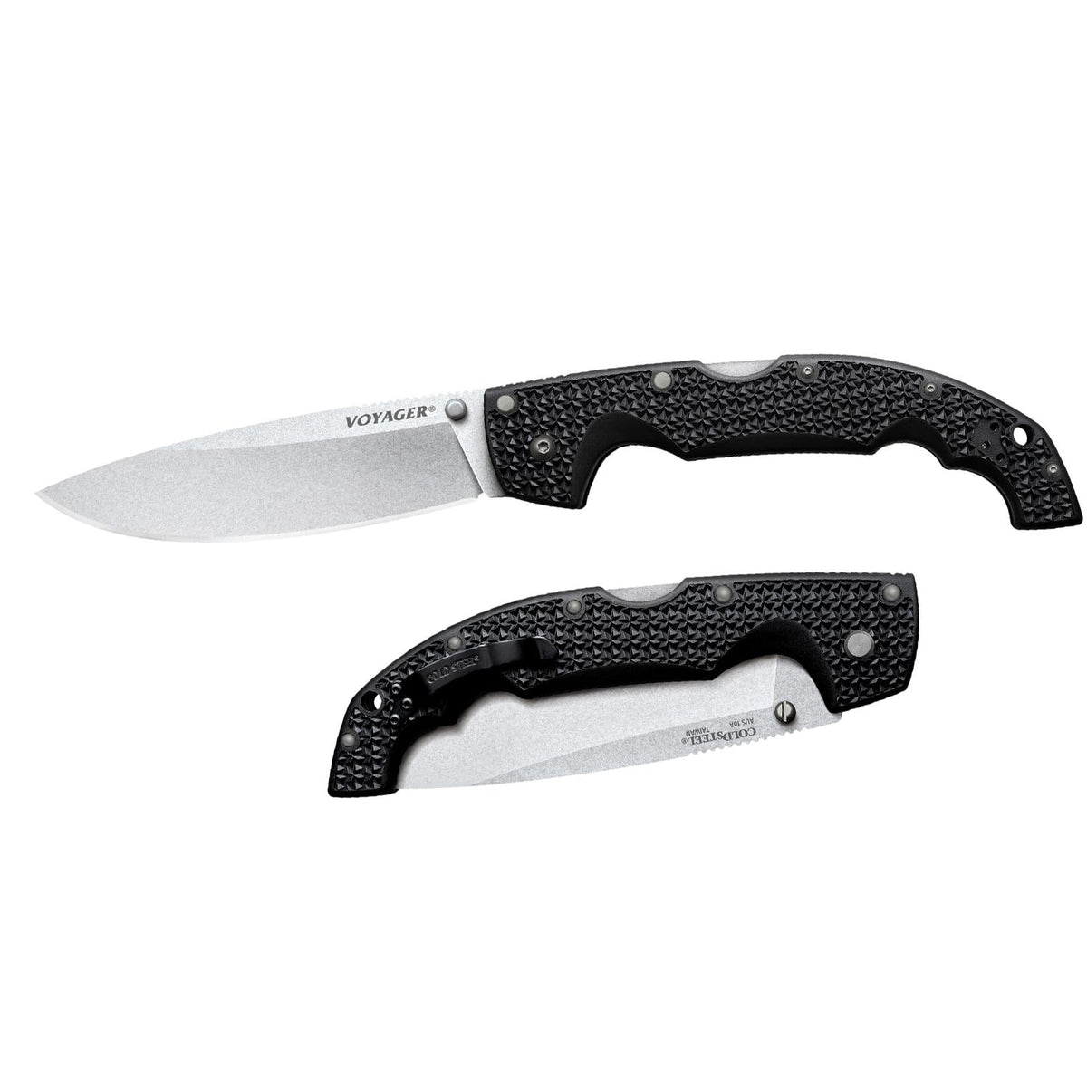 Cold Steel XL Voyager AUS10A - Cuchillo plegable táctico para llevar diario, de 5.5 pulgadas, AUS10A con punta de caída, de 6.7 pulgadas, mango Griv-Ex, en caja
