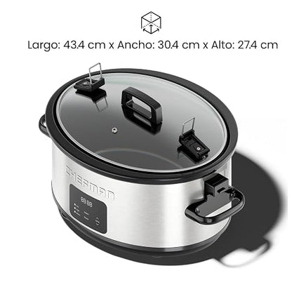 Chefman Olla de cocción lenta eléctrica de 7 cuartos con tapa de bloqueo, olla de cocción lenta programable con tres temperaturas digitales para platos principales, sopas y guisos,Acero inoxidable