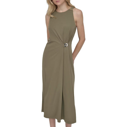 DKNY - Vestido Midi elástico sin Mangas con Cuello Joya para Mujer