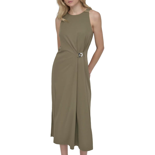 DKNY - Vestido Midi elástico sin Mangas con Cuello Joya para Mujer