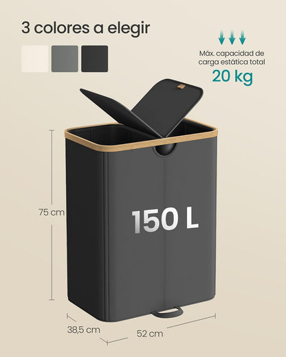 SONGMICS Cesto Ropa Sucia, 150 L, Cesta de Colada de 2 Compartimentos, para Lavadero, Dormitorio, Salón, Negro Tinta y Beige Natural MLCB523B01