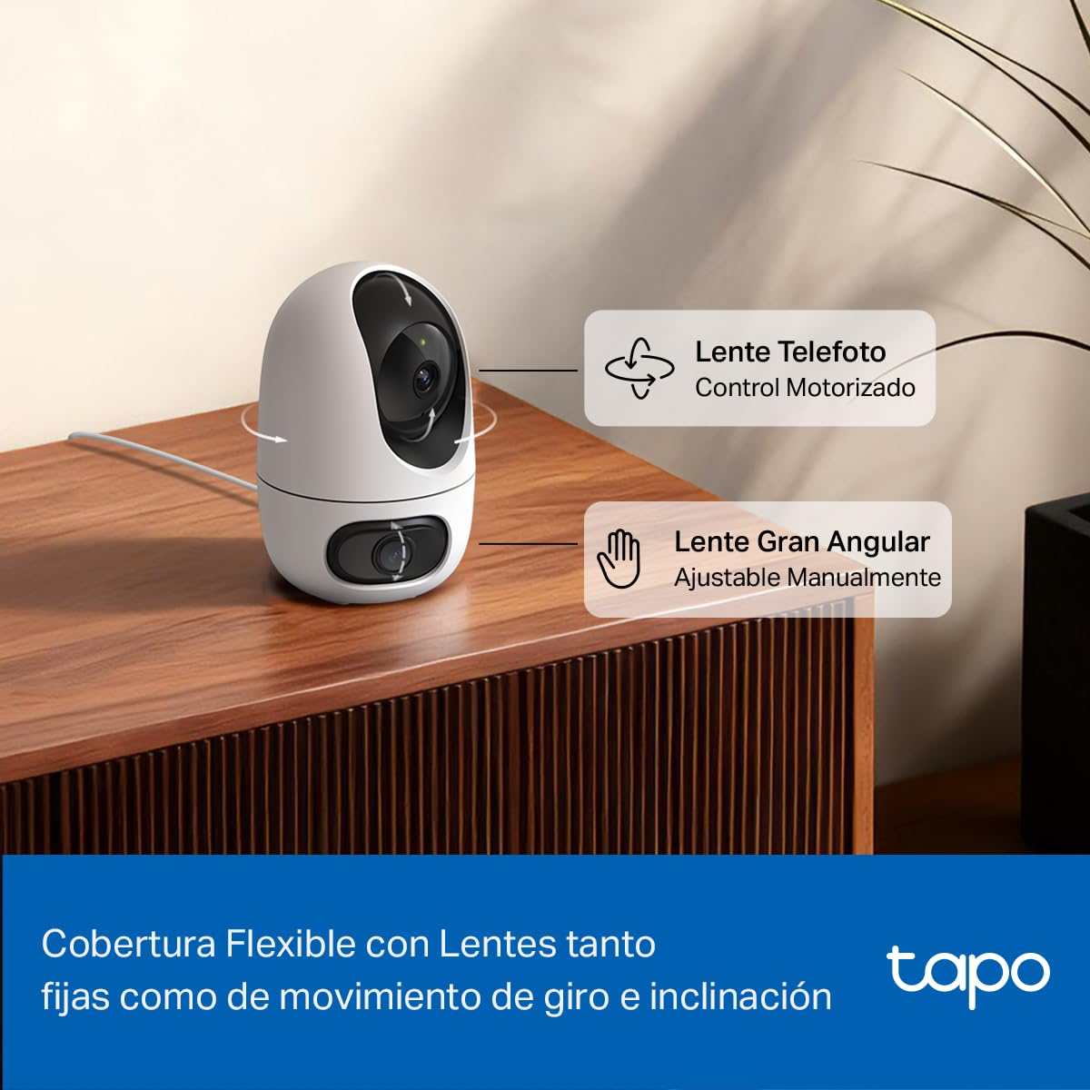 Tapo TP-Link C245D Cámara de Seguridad WiFi Interior - Doble Lente 2K - Cobertura 360° - Visión Nocturna Infrarroja - Detección de Movimiento - Audio Bidireccional - 512GB - App