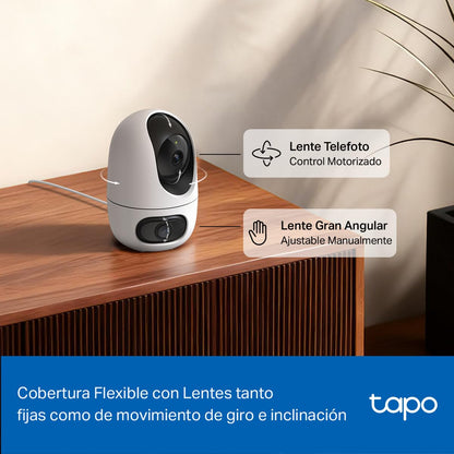 Tapo TP-Link C245D Cámara de Seguridad WiFi Interior - Doble Lente 2K - Cobertura 360° - Visión Nocturna Infrarroja - Detección de Movimiento - Audio Bidireccional - 512GB - App