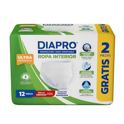 Diapro Pants Calzones Desechables para Incontinencia, Talla Mediana, Unisex, Caja con 80 Piezas (8 paquetes de 10 piezas c/u), Corte discreto