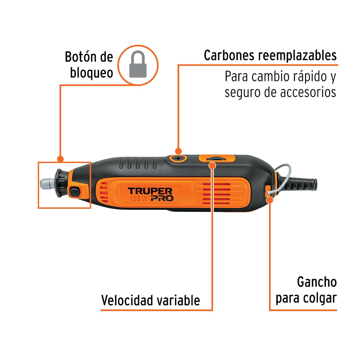 Truper PRO MOTO-A3, Herramienta rotativa 135W con 97 accesorios