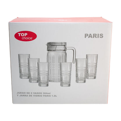Top Choice - Juego de Cristalería París, 7 Piezas, Incluye Jarra de 1.8 Litros y 6 Vasos de 384 ml, Vidrio con Relieve Geométrico Elegante, Ideal para Agua, Jugos y Bebidas Frías