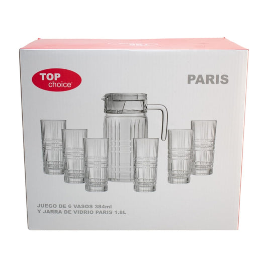 Top Choice - Juego de Cristalería París, 7 Piezas, Incluye Jarra de 1.8 Litros y 6 Vasos de 384 ml, Vidrio con Relieve Geométrico Elegante, Ideal para Agua, Jugos y Bebidas Frías