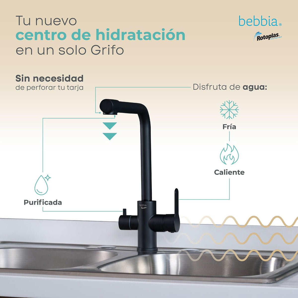 ROTOPLAS BEBBIA GRIFO PARA COCINA BEBBIA 3 VÍAS PARA AGUA PURIFICADA (NEGRO MATE RECTO)