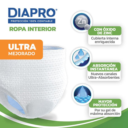Diapro Pants Calzones Desechables para Incontinencia, Talla Mediana, Unisex, Caja con 80 Piezas (8 paquetes de 10 piezas c/u), Corte discreto