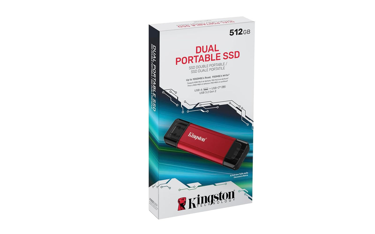 Kingston SSD Dual Portable, SSD Externo, Capacidad: 512GB, USB-A + USB-C, 3.2 Gen 2, Lectura: 1050MB/s, Escritura: 950MB/s, SKU: SPSD/512GB