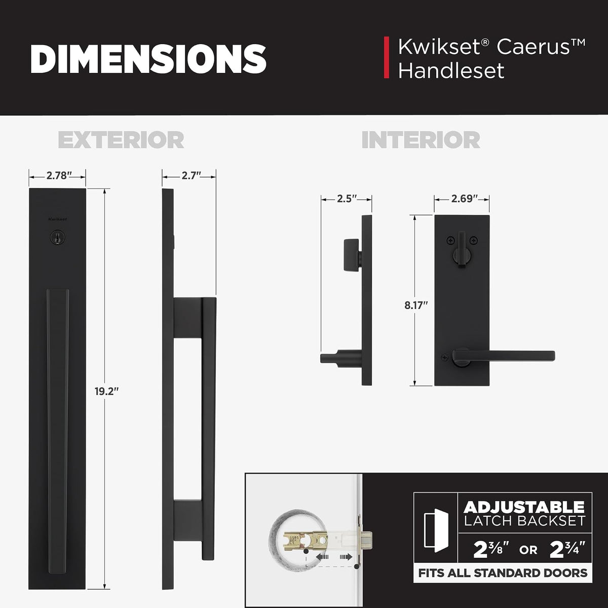 Kwikset Caerus - Juego de manijas y cerrojo de puerta delantera con palanca interior, color negro mate, seguridad SmartKey con KwikSlide, placa trasera de manija de puerta con escudo completo