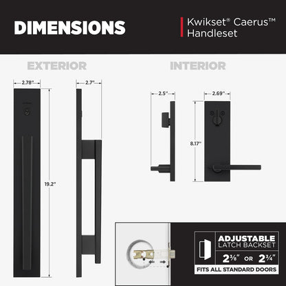 Kwikset Caerus - Juego de manijas y cerrojo de puerta delantera con palanca interior, color negro mate, seguridad SmartKey con KwikSlide, placa trasera de manija de puerta con escudo completo
