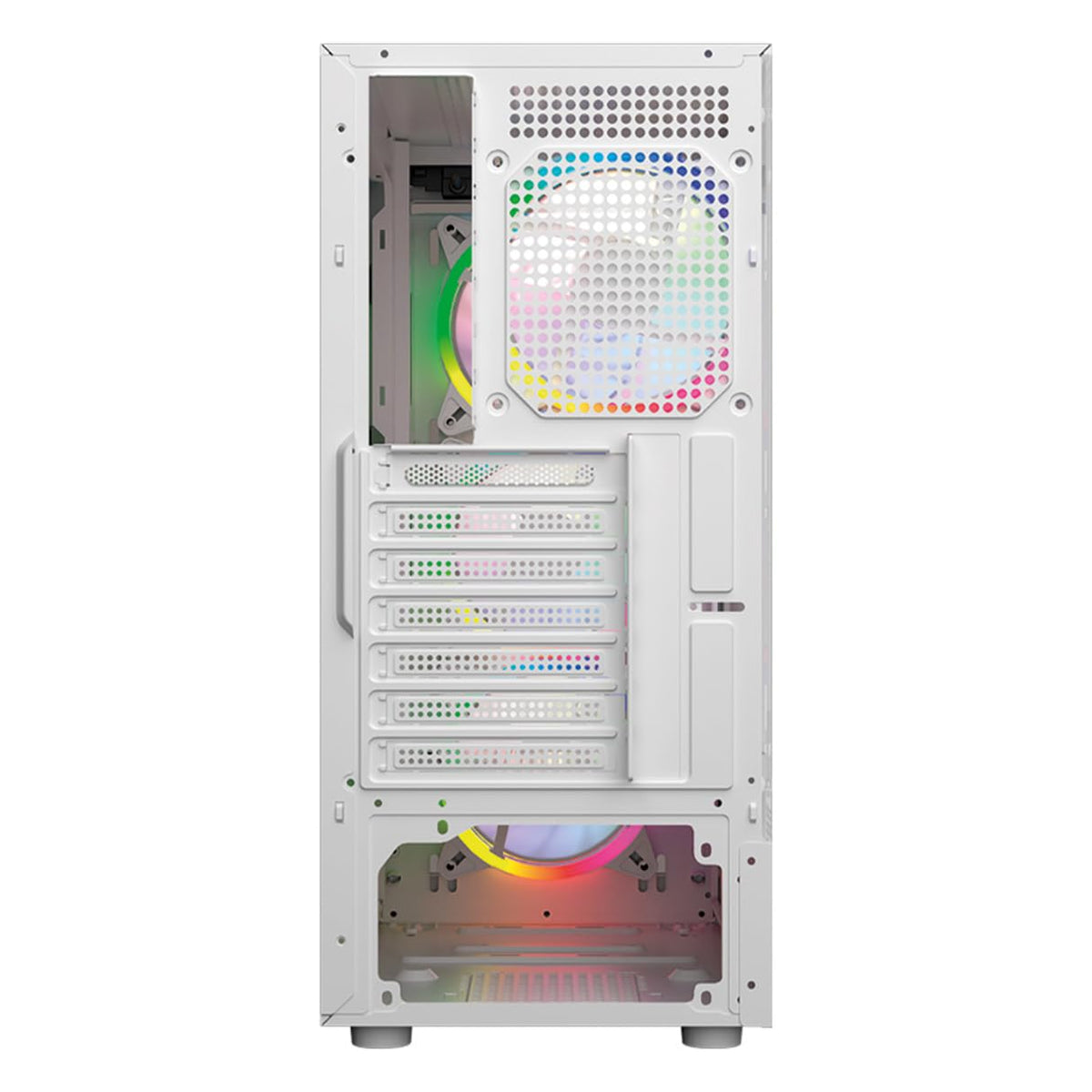 Balam Rush Gabinete Gamer Dragonfly Perform Aircool GM590AW ATX Media Torre 4 Fan RGB Cristal Templado USB 3.0 Blanco BR-935999