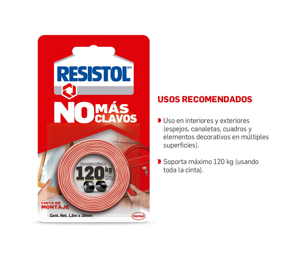 Resistol No Más Clavos Cinta de Montaje, cinta adhesiva doble cara, adhesivo fuerte, pegamento para espejos,1x120kg + 3M Scotch-Brite 3M Fibra Esponja, Tamaño Grande