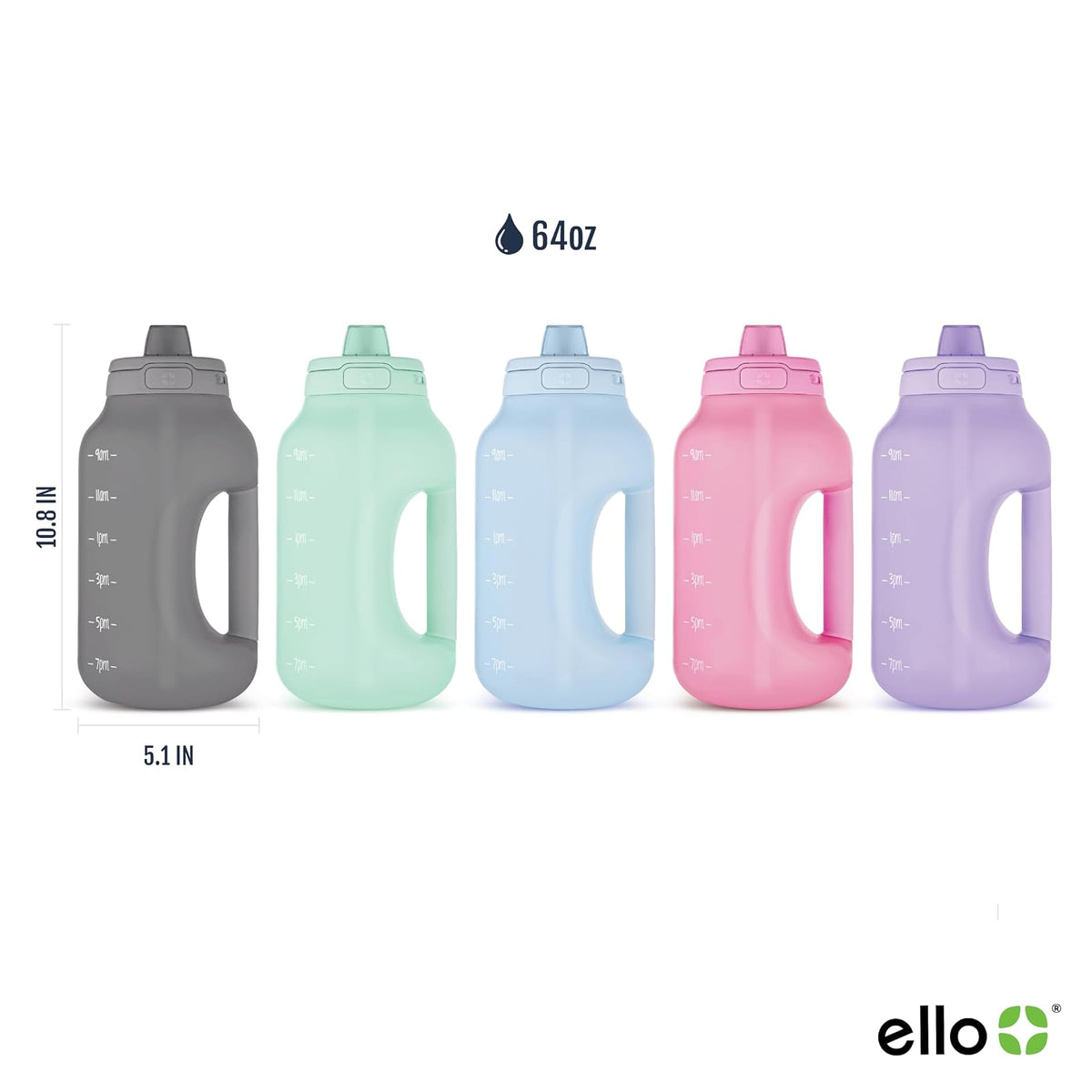 Ello Hydra - Jarra de medio galón con marcador de tiempo y mango para hidratación todo el día y popote de silicona con bloqueo, tapa a prueba de fugas, sin BPA, gris, 64 onzas