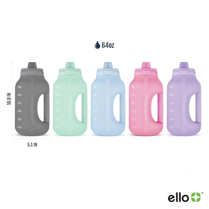 Ello Hydra - Jarra de medio galón con marcador de tiempo y mango para hidratación todo el día y popote de silicona con bloqueo, tapa a prueba de fugas, sin BPA, gris, 64 onzas