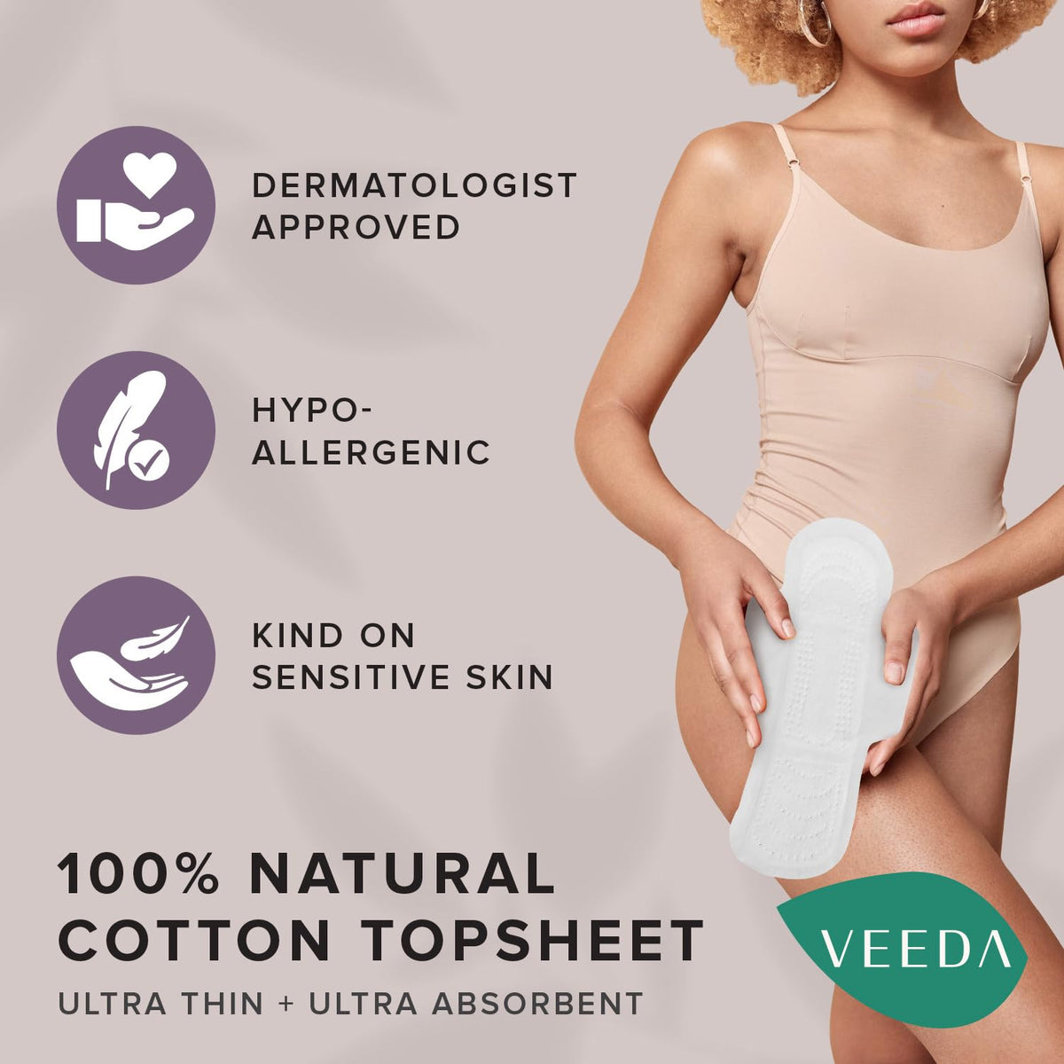 Veeda Natural Cotton UltraThin Night Pads with Wings, Unscented, 3 Packs, 12 Count Each