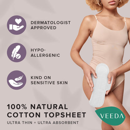Veeda Natural Cotton UltraThin Night Pads with Wings, Unscented, 3 Packs, 12 Count Each