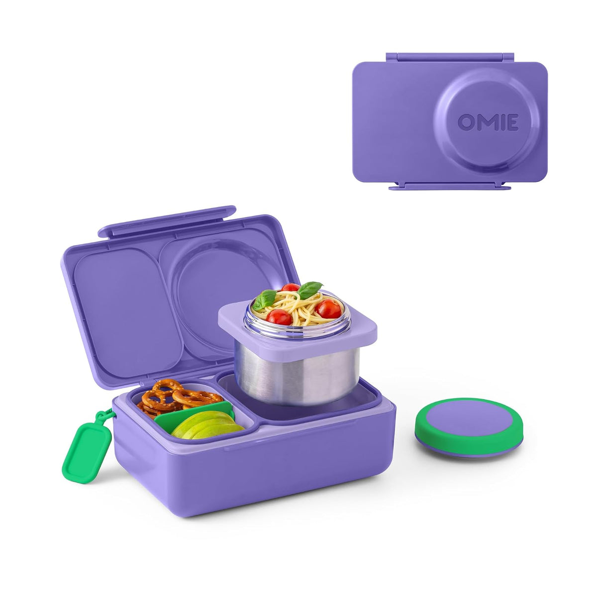 Omie OmieBox UP Bento Box para niños, lonchera aislada, tarro térmico de alimentos aislado al vacío a prueba de fugas, bolsa de hielo más fría, 2 compartimentos (morado galaxia)
