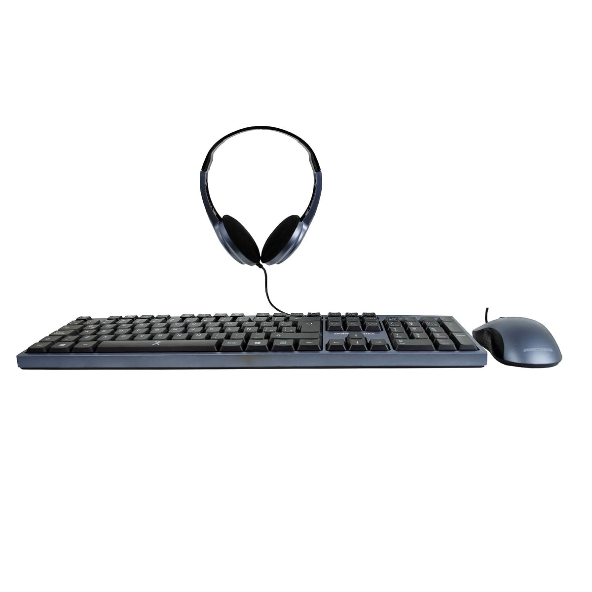 Perfect Choice Kit de Auriculares, Teclado y Mouse con Cable Kit 3 en 1 - Teclado inalámbrico de Membrana - Auriculares ergonómicos con micrófono omnidireccional - Mouse USB(Azul)