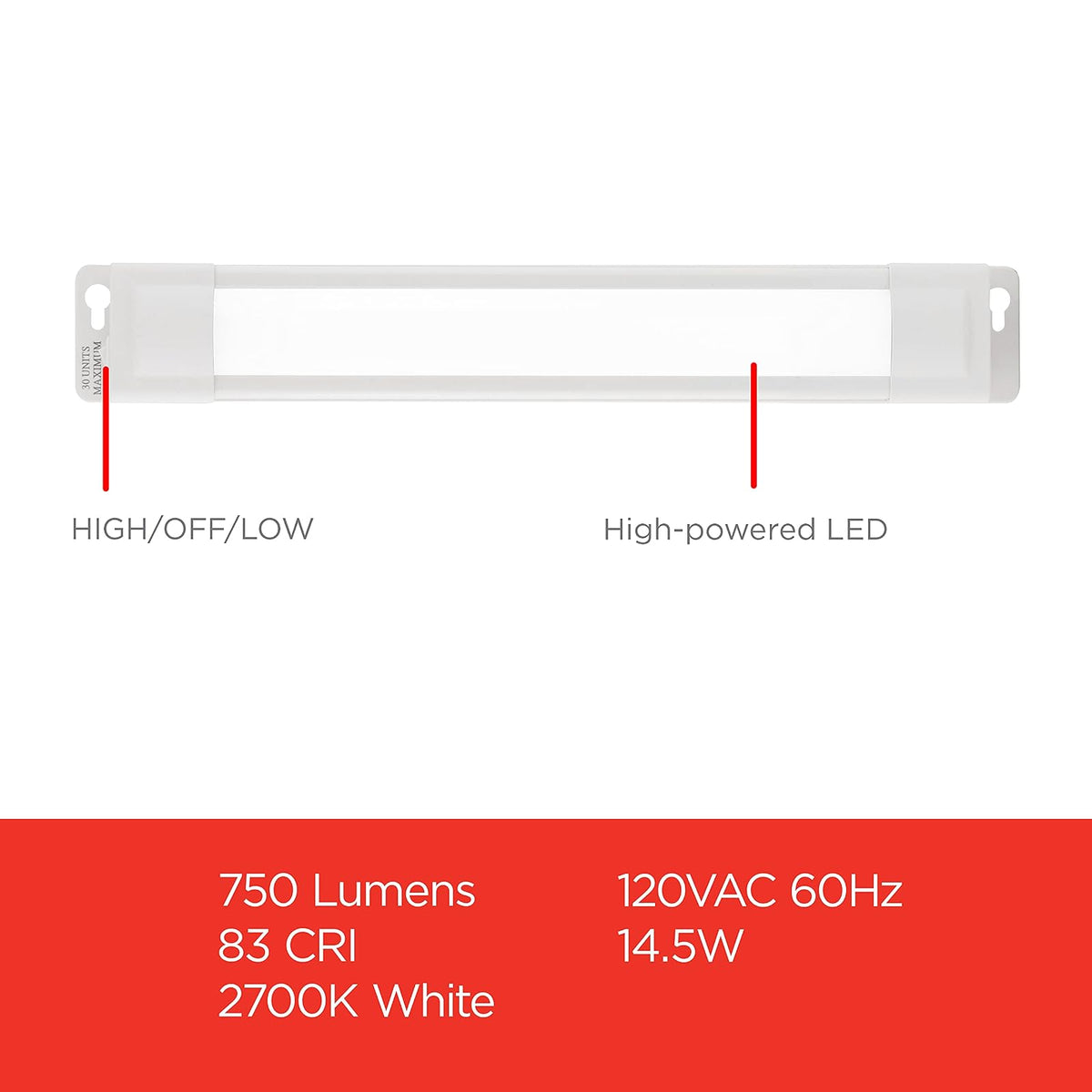 UltraPro 24 pulg. Luminaria LED enlazable, Brillo seleccionable, Tira de luz LED delgada, Iluminación debajo del gabinete, Luz de cocina, Interruptor HI / OFF / LOW, 44107, Blanco