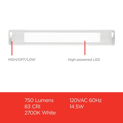UltraPro 24 pulg. Luminaria LED enlazable, Brillo seleccionable, Tira de luz LED delgada, Iluminación debajo del gabinete, Luz de cocina, Interruptor HI / OFF / LOW, 44107, Blanco