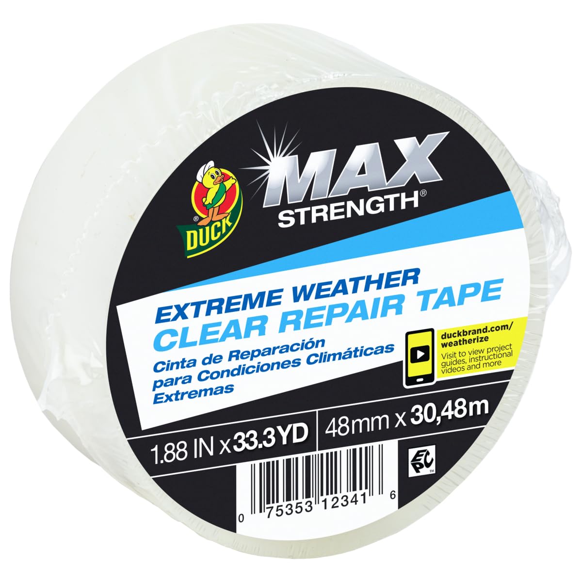 Duck Brand 281230 - Cinta de reparación para interiores y exteriores, resistente a la intemperie, transparente y resistente a los rayos UV, 1.88 pulgadas x 33.3 yardas, rollo único, 281230