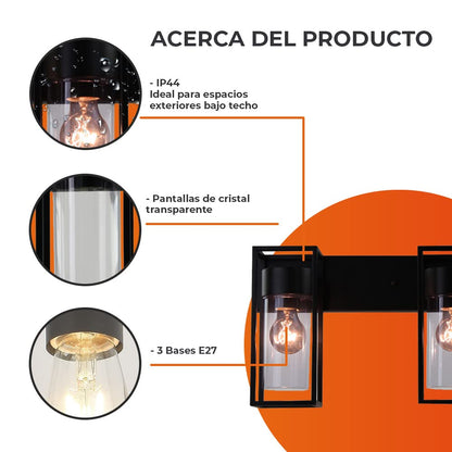 Tecnolite Lámpara de Pared Arbotante Exterior Máx. 180W - 3 Bases E27, IP44, No incluye focos, Compatible con focos A19