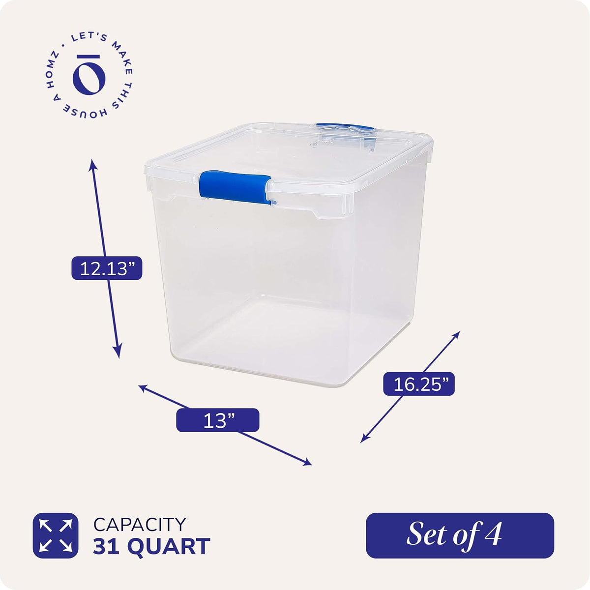 Homz Almacenamiento de plástico, 31 Cuartos - 4 Pack, Transparente, 31 qt, 1, 4