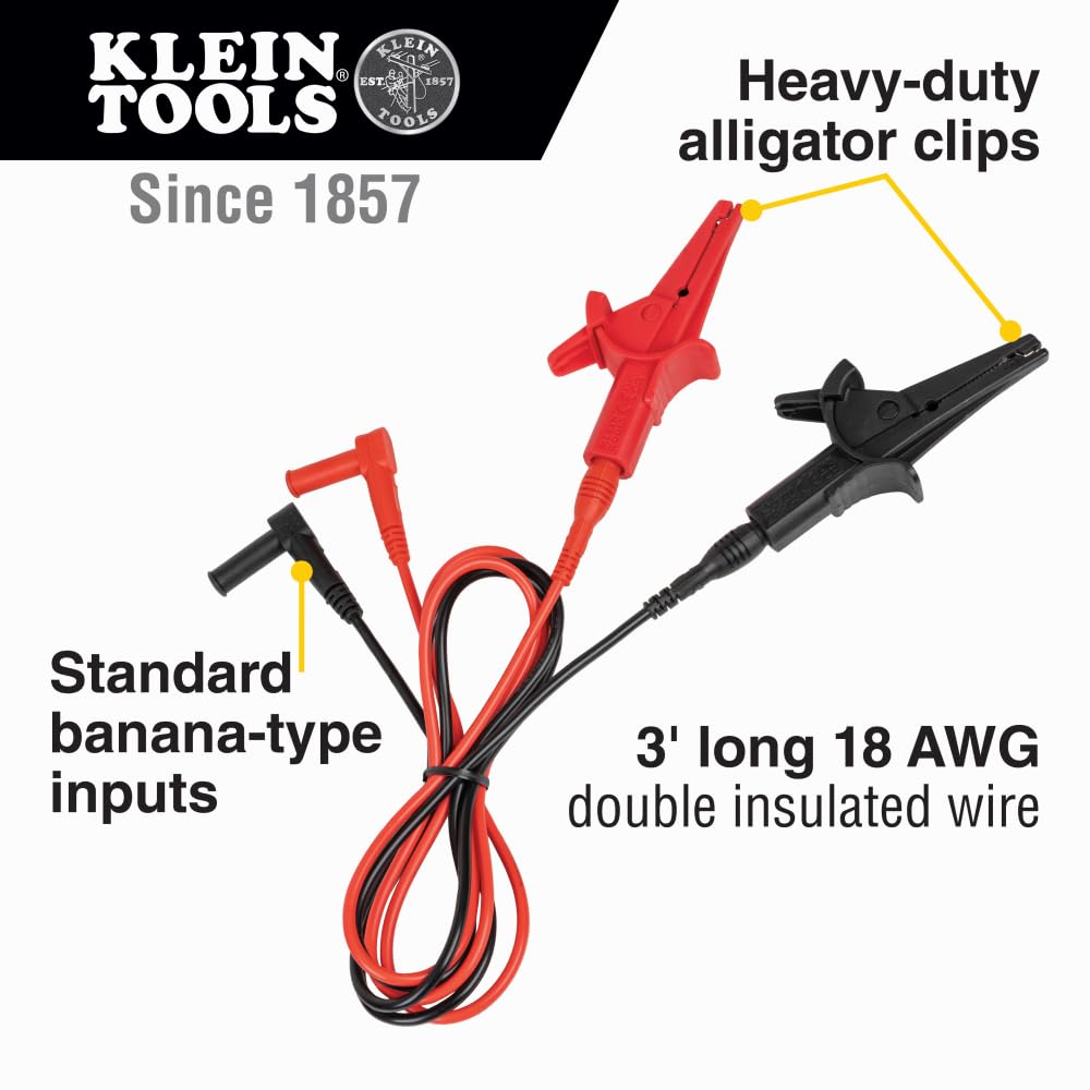Klein Tools 69381 - Cables de prueba de clip de cocodrilo, cables de repuesto de servicio pesado, para todos los metros utilizando cables de medidor de enchufe de plátano, 3 pies