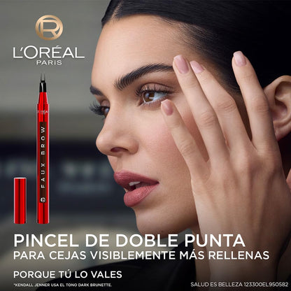 L'Oréal Paris Faux Brow Delineador de Cejas, Efecto 3D, Resistente al Agua, Larga Duracion y Acabado Natural, con Micro Aplicador de 2 Puntos, Tono Café - Brunette, 1ml.
