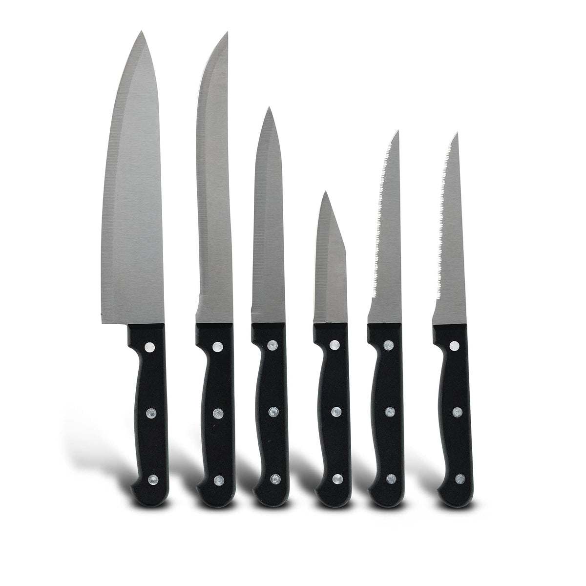 Ekco | Juego de Cuchillos Classic 6 Piezas Acero Inoxidable Negro | Triple remache, Mangos baquelita, Acero inoxidable, Corte preciso, Chef 20cm, Rebanador 19cm, Multiusos 12.7cm