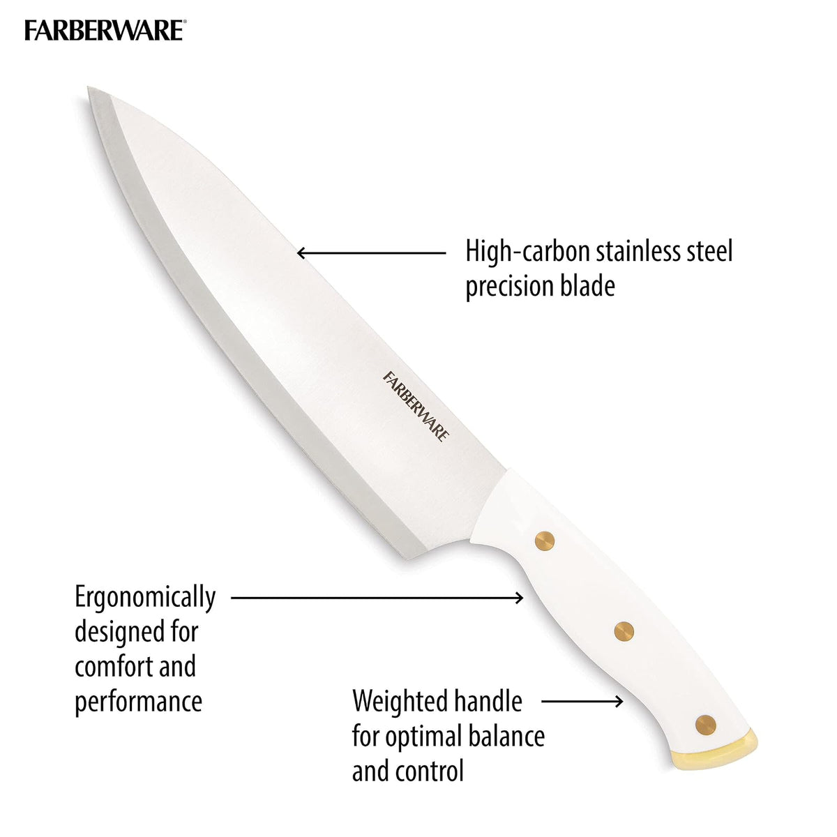 Farberware Juego de 15 cuchillos de triple remachado, cuchillos de cocina de acero inoxidable de alto carbono, juego de cuchillos afilados con bloque de madera, blanco y dorado