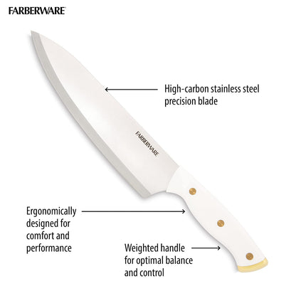 Farberware Juego de 15 cuchillos de triple remachado, cuchillos de cocina de acero inoxidable de alto carbono, juego de cuchillos afilados con bloque de madera, blanco y dorado
