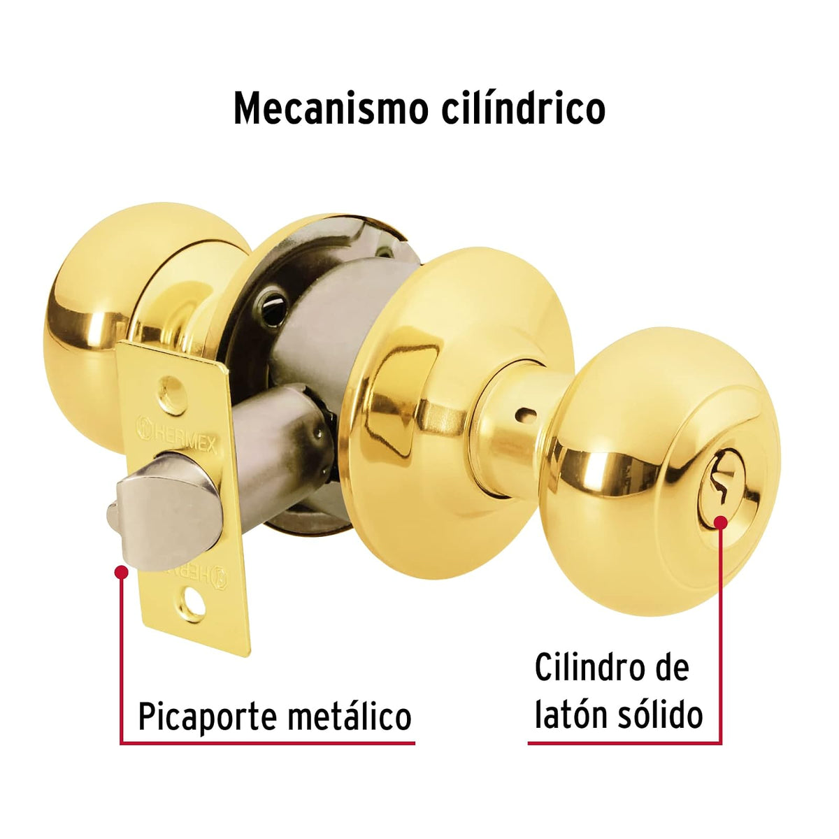 Hermex CEPO-12E, Cerradura de pomo tipo oval para entrada, mecanismo cilíndrico, latón brillante