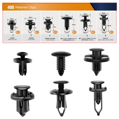 GOOACC 400 clips universales de plástico para guardabarros compatibles con GM Ford, Chrysler Toyota Honda con 6 clips de retención de cuerpo automático