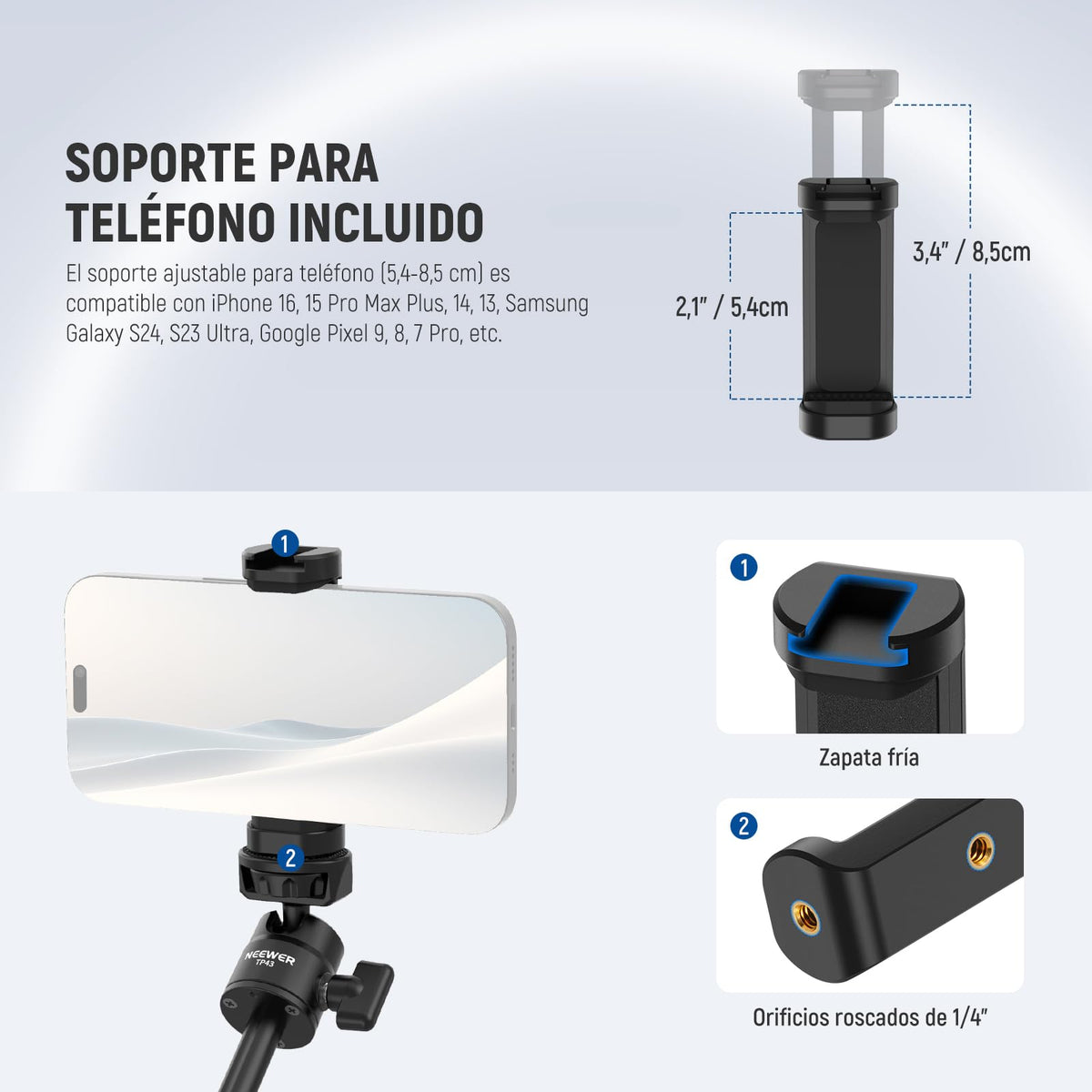 NEEWER Mini Trípode Escritorio Selfie Stick Compatible con iPhone GoPro Insta360 dji con 360° Cabezal Bola Eje Central Elevado, Metal Portátil Pequeña Cámara Webcam Celular Vlog Soporte, TP43 Negro