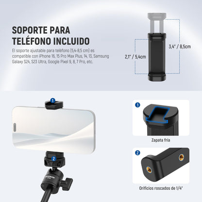 NEEWER Mini Trípode Escritorio Selfie Stick Compatible con iPhone GoPro Insta360 dji con 360° Cabezal Bola Eje Central Elevado, Metal Portátil Pequeña Cámara Webcam Celular Vlog Soporte, TP43 Negro