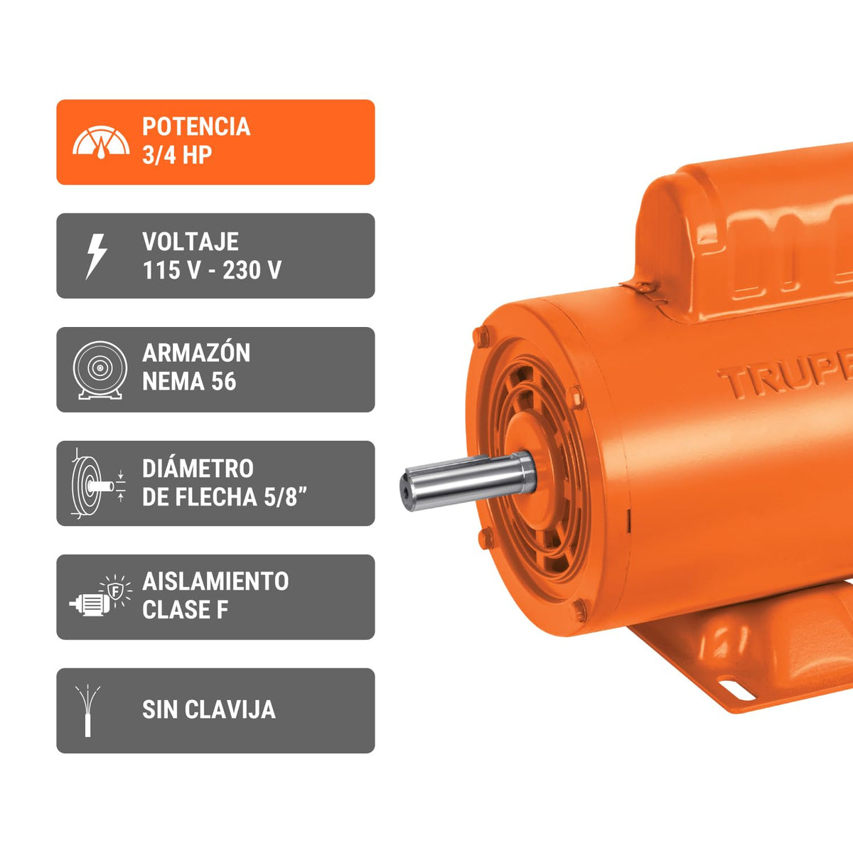 Truper MOE-3/4A, Motor eléctrico monofásico de 3/4 HP, alta velocidad, servicio continuo y reversible