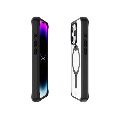ItSkins Hybrid R Stand Funda con MagSafe Compatible con iPhone 15 Pro, Protección Caídas 3m, Soporte Plegable, Tecnología Antimicrobiana - Negro/Transparente