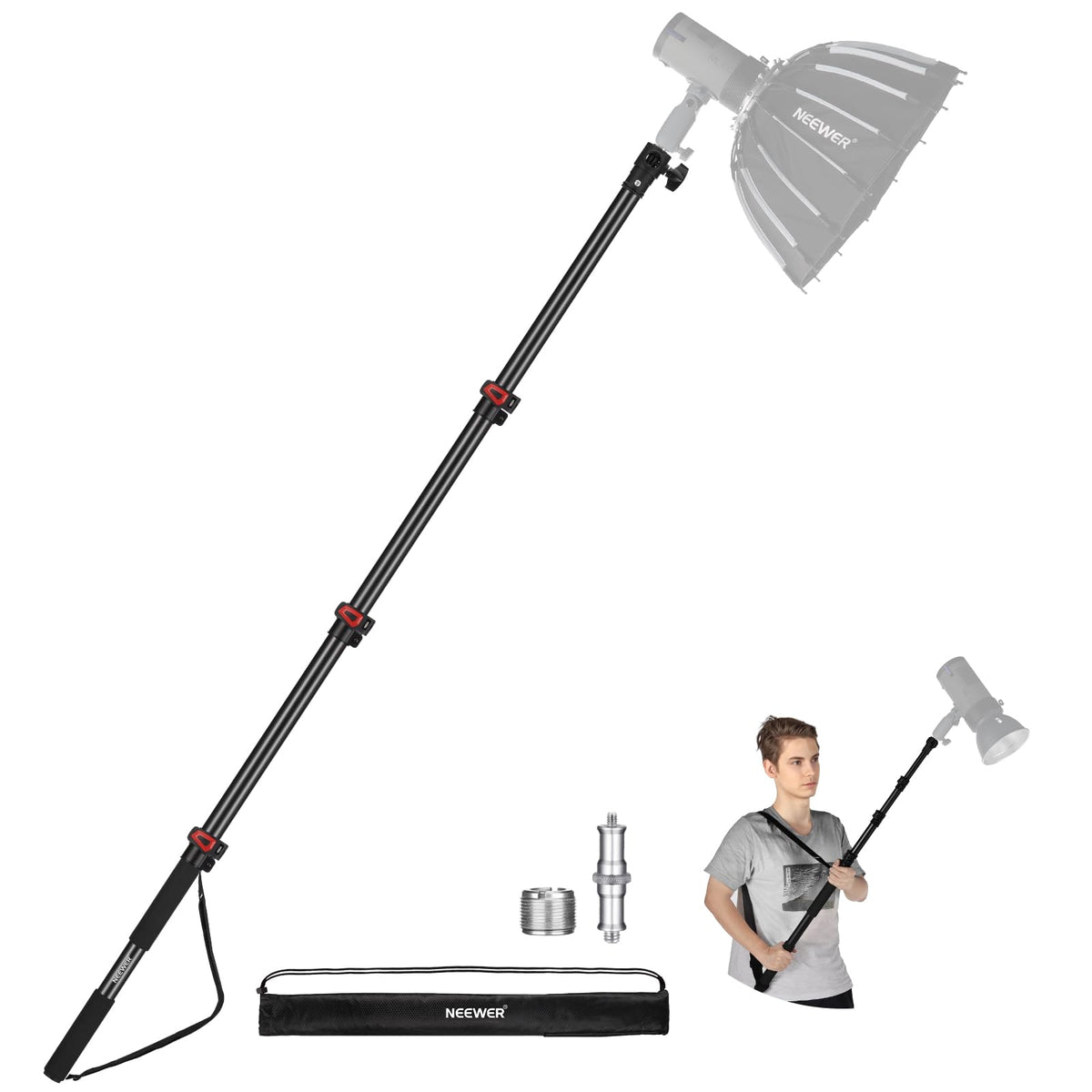 NEEWER 7.5ft/230cm Soporte Boom Pole, Portable Telescópico Alumino Soporte Luz con 1/4" 3/8" 5/8" Tornillo/Flip Bloqueo/Correa de Hombro para Strobe Flash Micrófono, MAX. Carga 11LB/5KG, MS-230C
